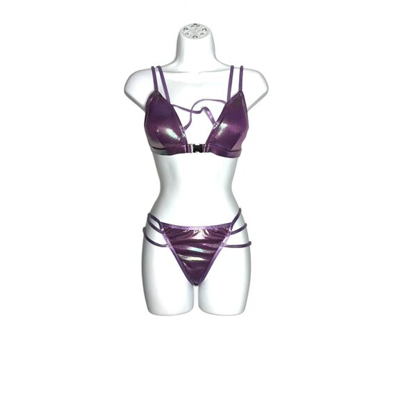 Metallic Purple Strappy Bikini Set With Double Strap Details - Picture 1 of 12